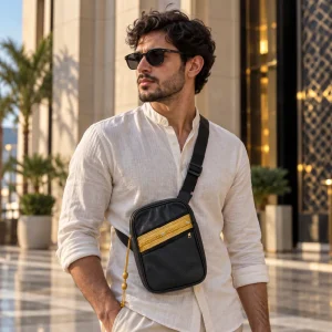 Crossbody Bag in PU Leather with Arabic Traditional Gold Bisht Design - Image 3